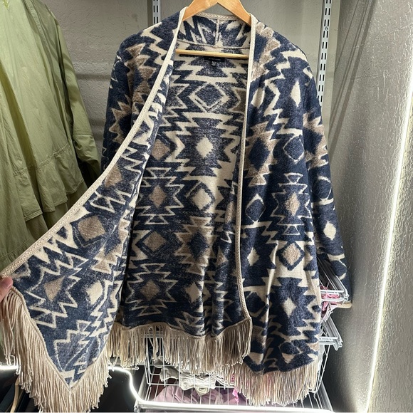 Lucky Brand Southwestern Blue Aztec Fringe Cardigan Sweater Open Front - Picture 4 of 4